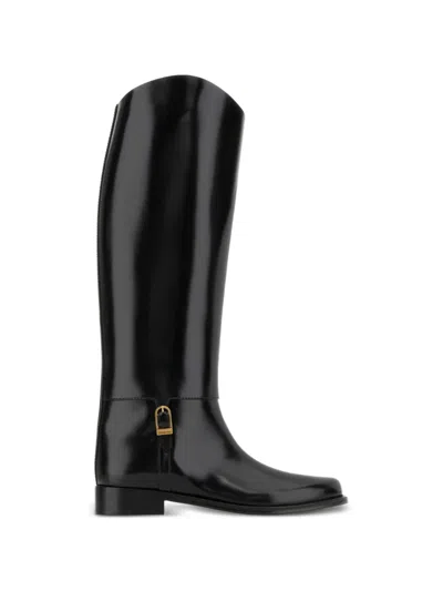 Saint Laurent Black Leather Julia Boots In Animal Print