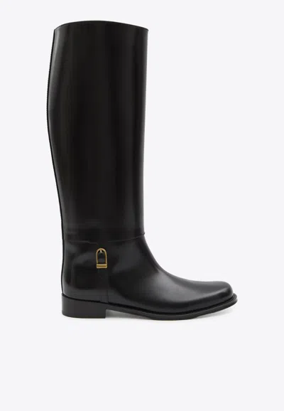 Saint Laurent Julia Calf Leather Knee-high Boots In Black