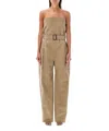 Saint Laurent Strapless Belted Jumpsuit In Beige