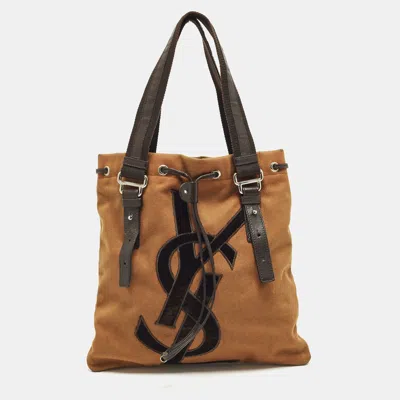 Pre-owned Saint Laurent Kahala Brown Fabric And Velvet Drawstring Tote