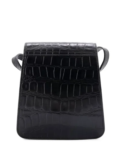 Pre-owned Saint Laurent Kaia Flap Satchel Crocodile Embossed Leather North South Crossbody Bag In Black