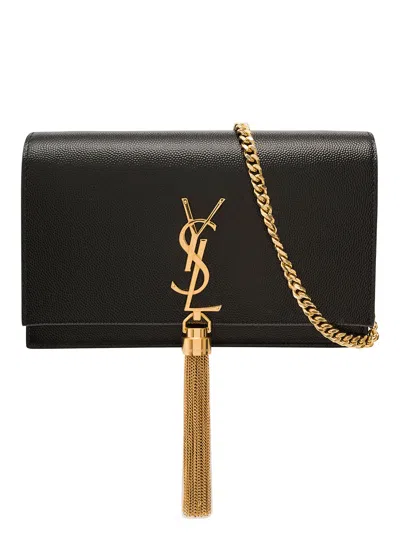 Saint Laurent 'kate' Black Clutch With Cassandre And Tassel Detail In Grain De Poudre Leather Woman