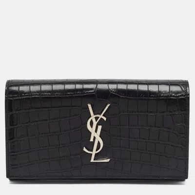 Pre-owned Saint Laurent Kate Black Croc Embossed Leather Continental Wallet