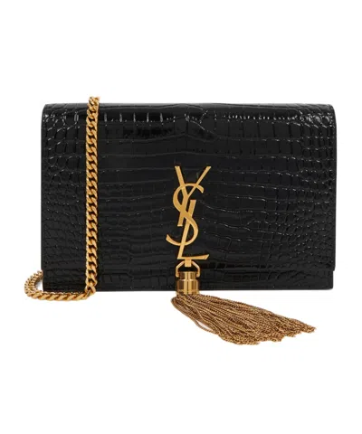 Saint Laurent Kate Crocodile-effect Leather Wallet-on-chain In Black