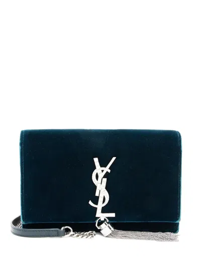 Pre-owned Saint Laurent Kate Crystal Monogram Tassel Chain Wallet In Blue