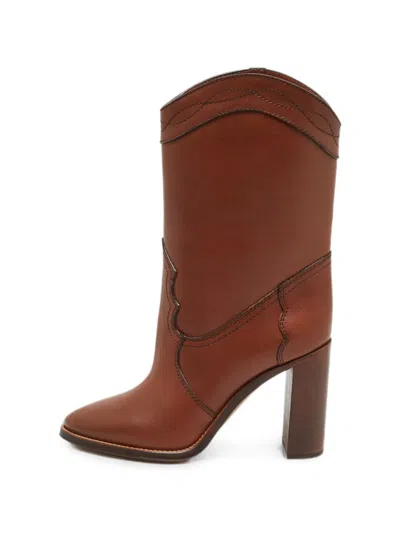 Pre-owned Saint Laurent Kate Leather Mid-calf Boots In Brown