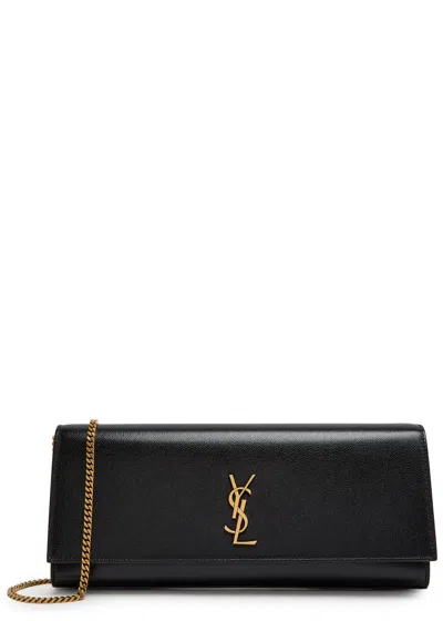 Saint Laurent Kate Logo Pebbled Leather Clutch In Black