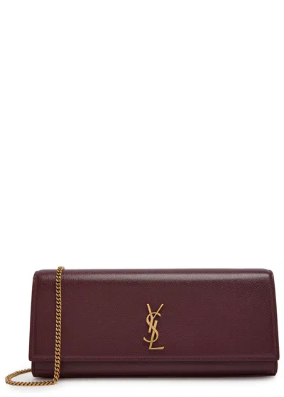 Saint Laurent Kate Logo Pebbled Leather Clutch In Burgundy