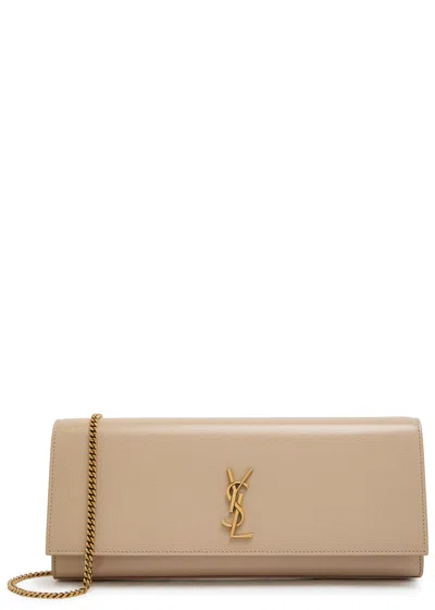 Saint Laurent Kate Logo Pebbled Leather Clutch In Sand