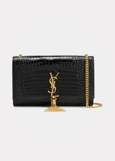 Saint Laurent Kate Monogram Ysl Medium Crocodile-embossed Tassel Shoulder Bag In Black