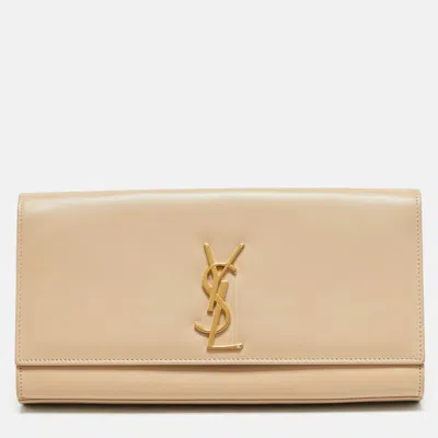 Pre-owned Saint Laurent Kate Monogram Beige Leather Flap Clutch In Sand