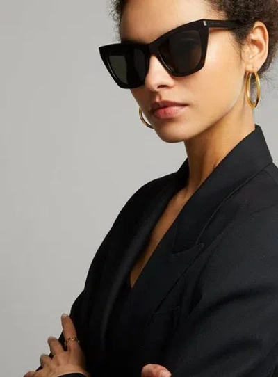 Pre-owned Saint Laurent Kate Sl 214 001 Black Dark Grey Lens Cat Eye Women Sunglasses In Gray