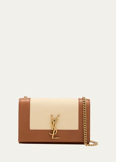 Saint Laurent Kate Small Ysl Wallet On Chain In Linen And Leather In Brown