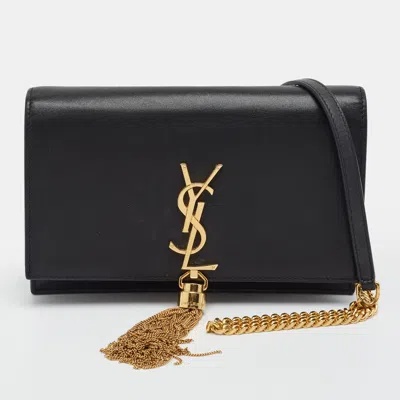 Pre-owned Saint Laurent Kate Tassel Black Leather Wallet On Chain