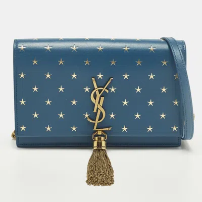 Pre-owned Saint Laurent Kate Tassel Blue/gold Star Print Leather Wallet On Chain