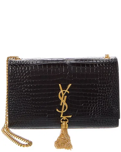 Saint Laurent Kate Tassel Medium Croc-embossed Leather Shoulder Bag In Black