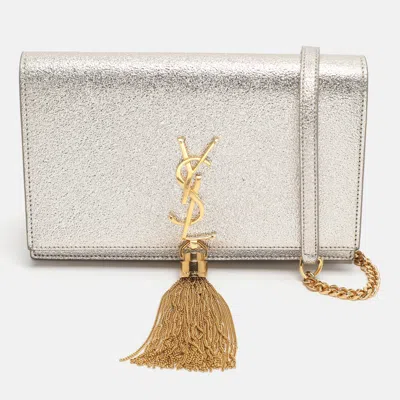 Pre-owned Saint Laurent Kate Tassel Silver Glitter Wallet On Chain