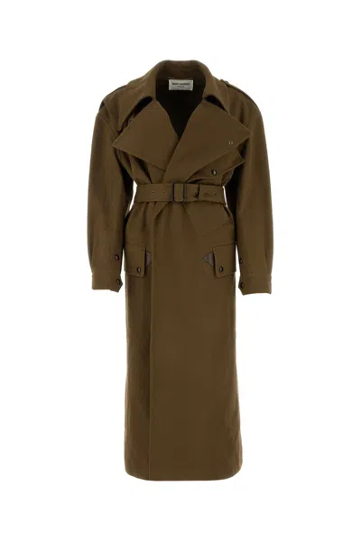 Saint Laurent Double-breasted Long Trench Coat In Green