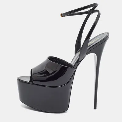 Pre-owned Saint Laurent Kika Size 38 Black Patent Leather Ankle Strap Platform Sandals