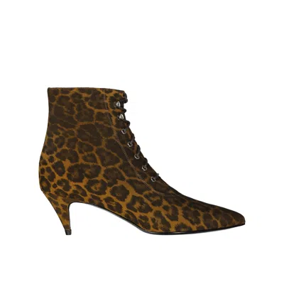 Saint Laurent Kiki Lace-up Leopard-print Ankle Boots In Brown