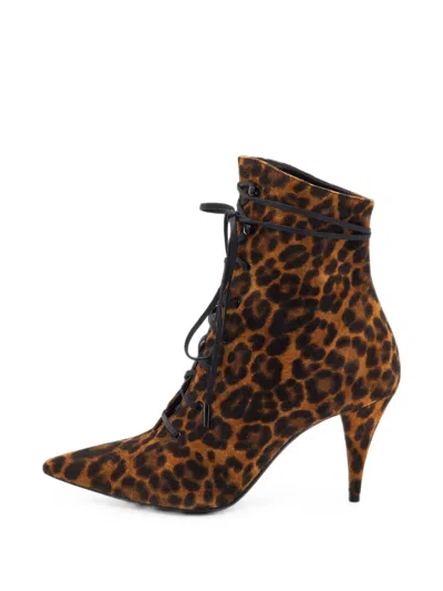 Pre-owned Saint Laurent Kiki Leopard-print Ankle Boots In Brown