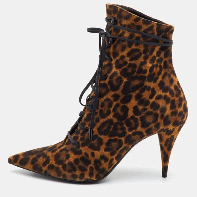 Pre-owned Saint Laurent Kiki Size 36 Brown Leopard Print Suede Ankle Length Boots