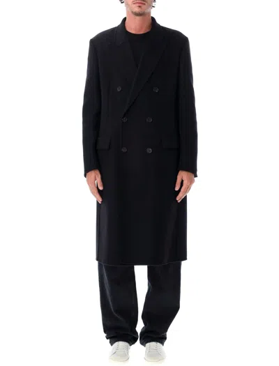 Saint Laurent Knee-length Double-breasted Wool Jacket With Peak Lapels And Cassandre Embroidery In Black