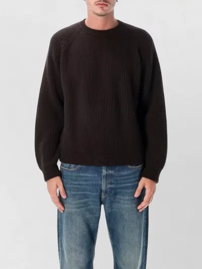 Saint Laurent Knit Sweater Logo Detail Back Crewneck In Brown
