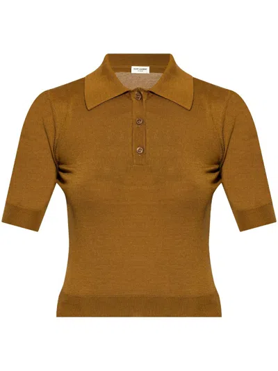 SAINT LAURENT CASSANDRE-EMBROIDERY POLO TOP