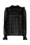 Saint Laurent Embroidered Crepe Blouse With Ruffles And Smocked Yoke In Black