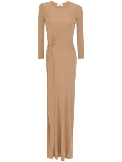 Saint Laurent Twist Front Long Sleeve Jersey Gown In Naturel