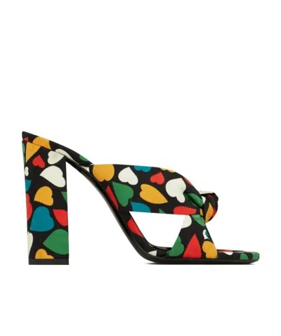 Saint Laurent Knotted Heart-print Mules In Multicolor