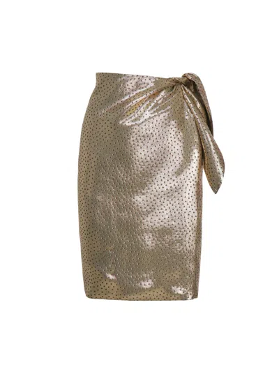 Saint Laurent Knotted Pencil Skirt In Polka Dot Lamé In Gold
