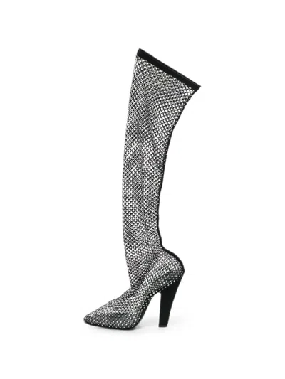 Pre-owned Saint Laurent Koller Crystal-embellished Over-the-knee Boots In White