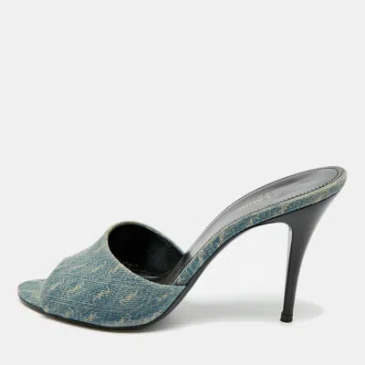 Pre-owned Saint Laurent La 16' Size 36.5 Blue Denim Monogram Slide Sandals
