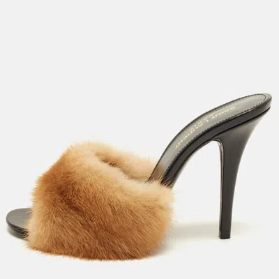 Pre-owned Saint Laurent La 16 Size 38 Beige Mink Fur Slide Sandals