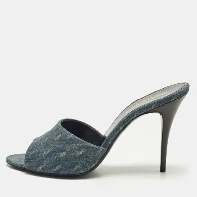 Pre-owned Saint Laurent La 16 Size 39 Blue Monogram Denim Slide Sandals