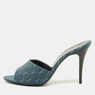 Pre-owned Saint Laurent La 16 Size 40 Blue Denim Slide Sandals
