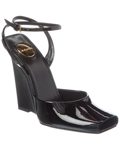 Saint Laurent La Scandale 110 Patent Leather Wedge Sandals In Black