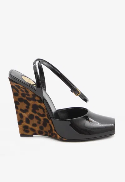 Saint Laurent La Scandale Wedge Open Toe Sandals In Animal Print