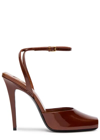 Saint Laurent La Scandale 110 Patent Leather Sandals In Brown