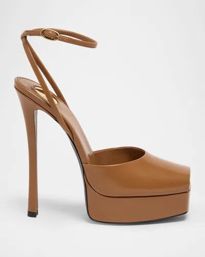 Saint Laurent La Scandale Leather Peep-toe Platform Sandals In Macadamia