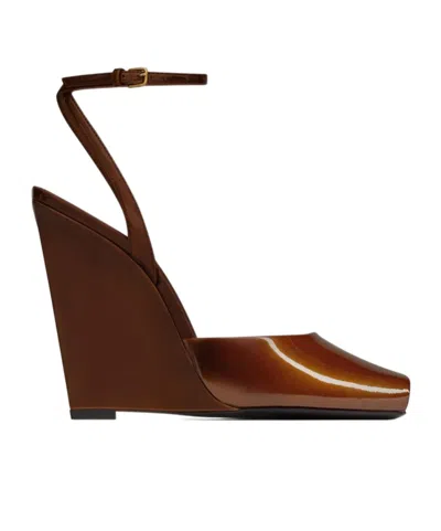 Saint Laurent La Scandale Patent-leather Wedge Sandals In Brown