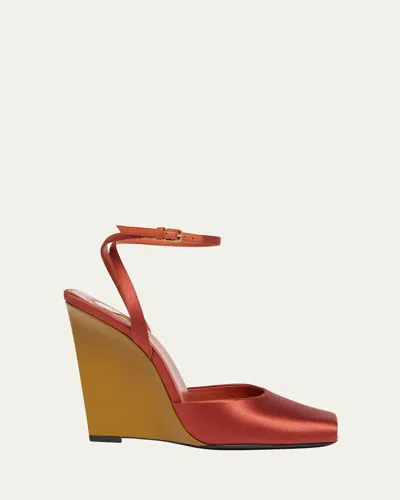 SAINT LAURENT LA SCANDALE SATIN ANKLE-STRAP WEDGE SANDALS
