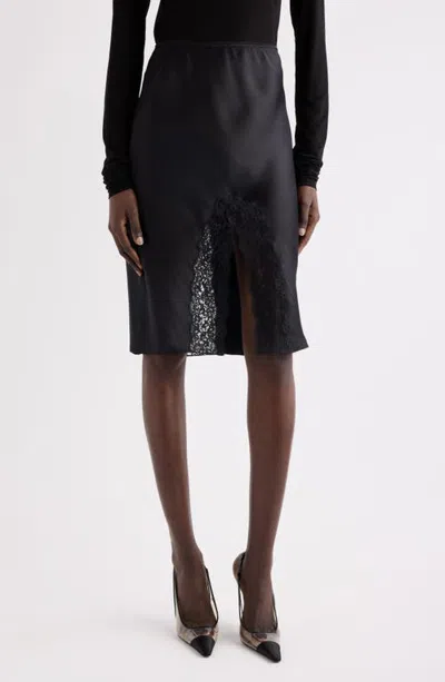 Saint Laurent Lace & Double Face Silk Satin Split Skirt In Black