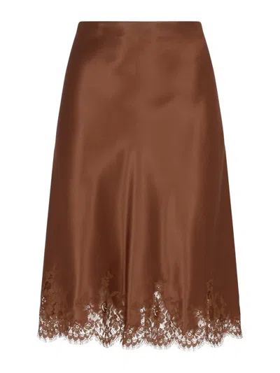 Saint Laurent Lace Detailed Satin Skirt In Brown