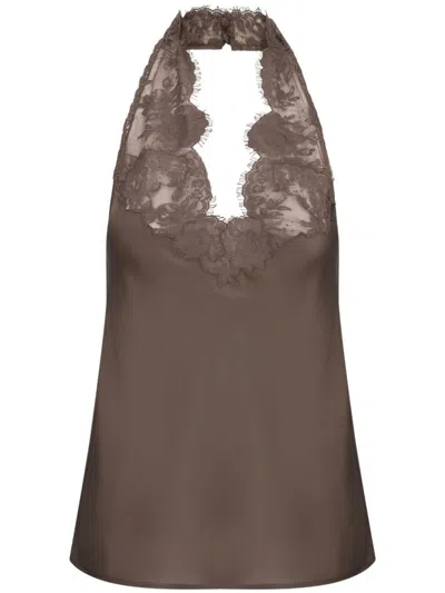 SAINT LAURENT LACE-EMBELLISHED SILK TOP