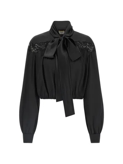 Saint Laurent Lace Lavallière Silk Blouse In Black