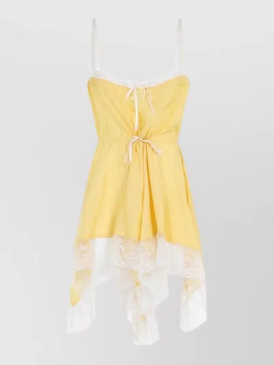 Saint Laurent Lace Mini Dress Asymmetrical Hem Bow Straps In Yellow