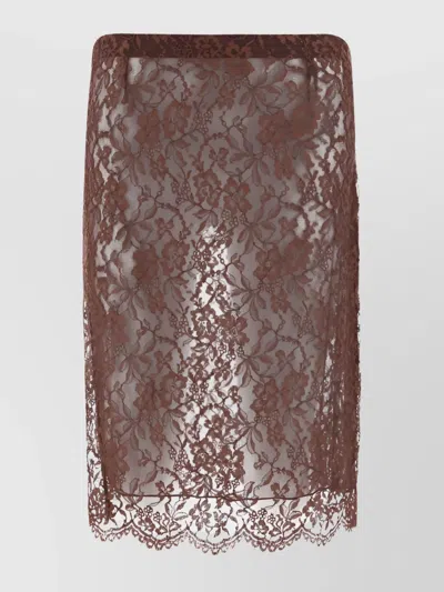 Saint Laurent Floral Lace Pencil Skirt In Brown